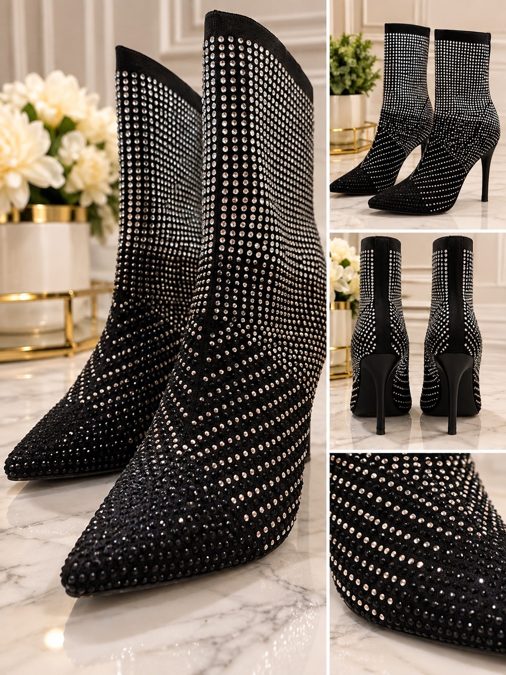 Rouge Helium Black Crystal-Studded Pointed Toe Stiletto Boots